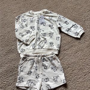 H&M Kids Pajama Set with Bear Print - Cream and Black